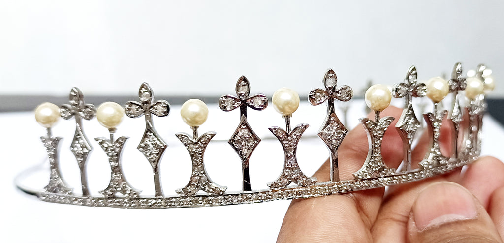 Premium Rose Cut Diamond Pearl Sterling Silver Tiara Crown | Luxury Bridal Hair Jewelry for Women