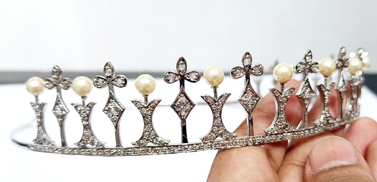 Premium Rose Cut Diamond Pearl Sterling Silver Tiara Crown | Luxury Bridal Hair Jewelry for Women