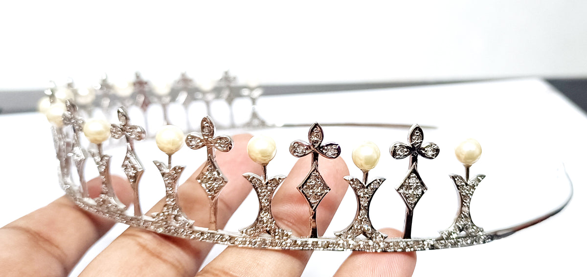 Premium Rose Cut Diamond Pearl Sterling Silver Tiara Crown | Luxury Bridal Hair Jewelry for Women
