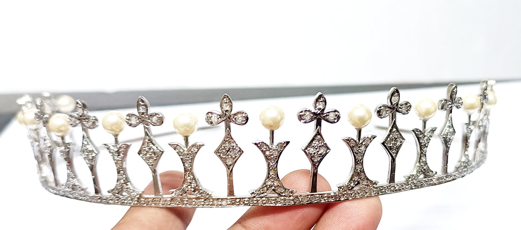 Premium Rose Cut Diamond Pearl Sterling Silver Tiara Crown | Luxury Bridal Hair Jewelry for Women