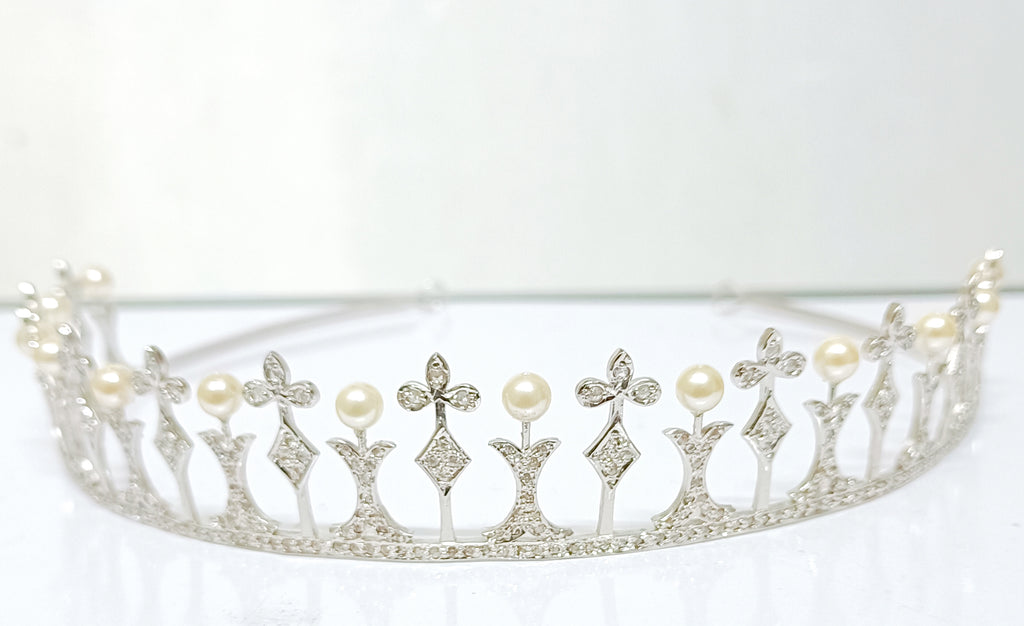 Premium Rose Cut Diamond Pearl Sterling Silver Tiara Crown | Luxury Bridal Hair Jewelry for Women