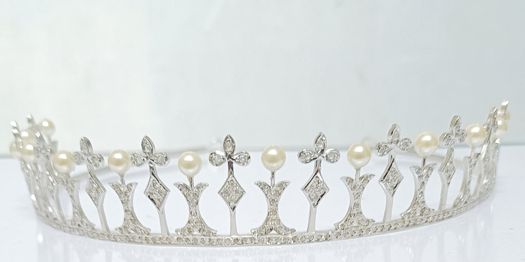 Premium Rose Cut Diamond Pearl Sterling Silver Tiara Crown | Luxury Bridal Hair Jewelry for Women