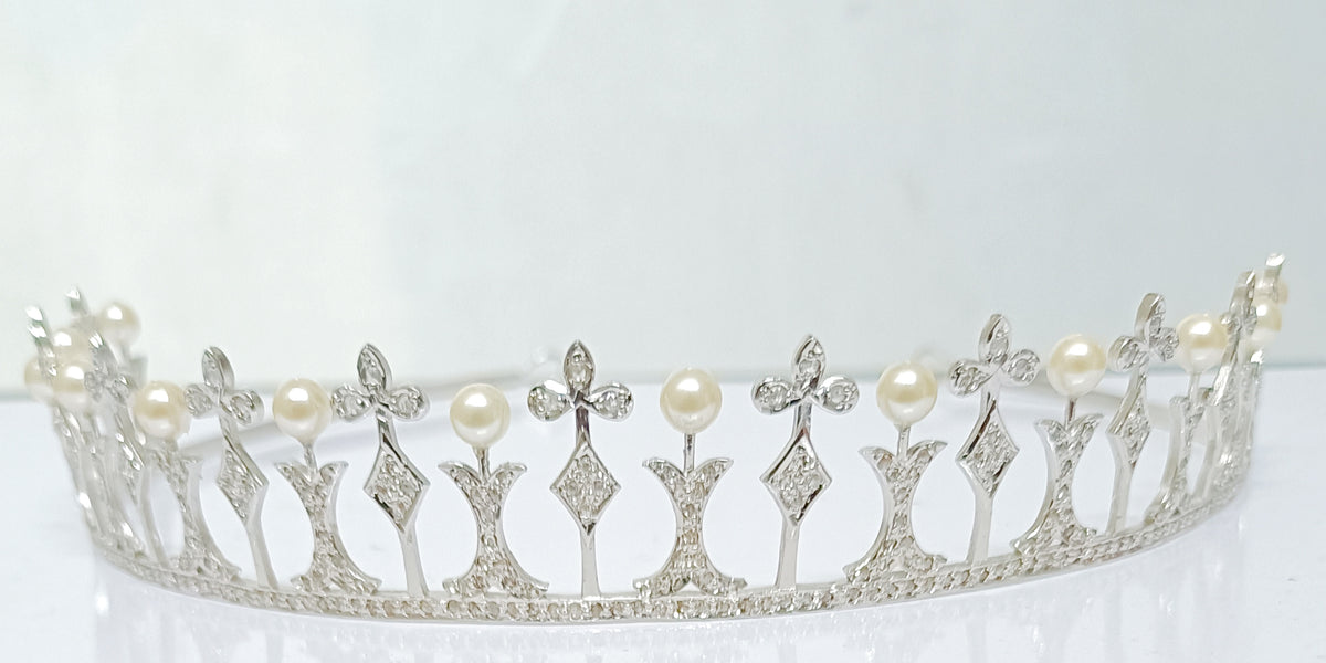 Premium Rose Cut Diamond Pearl Sterling Silver Tiara Crown | Luxury Bridal Hair Jewelry for Women