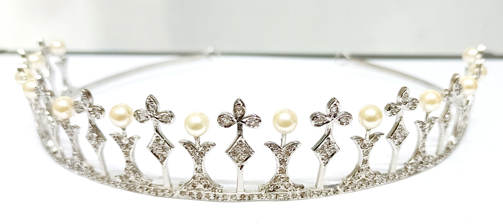 Premium Rose Cut Diamond Pearl Sterling Silver Tiara Crown | Luxury Bridal Hair Jewelry for Women