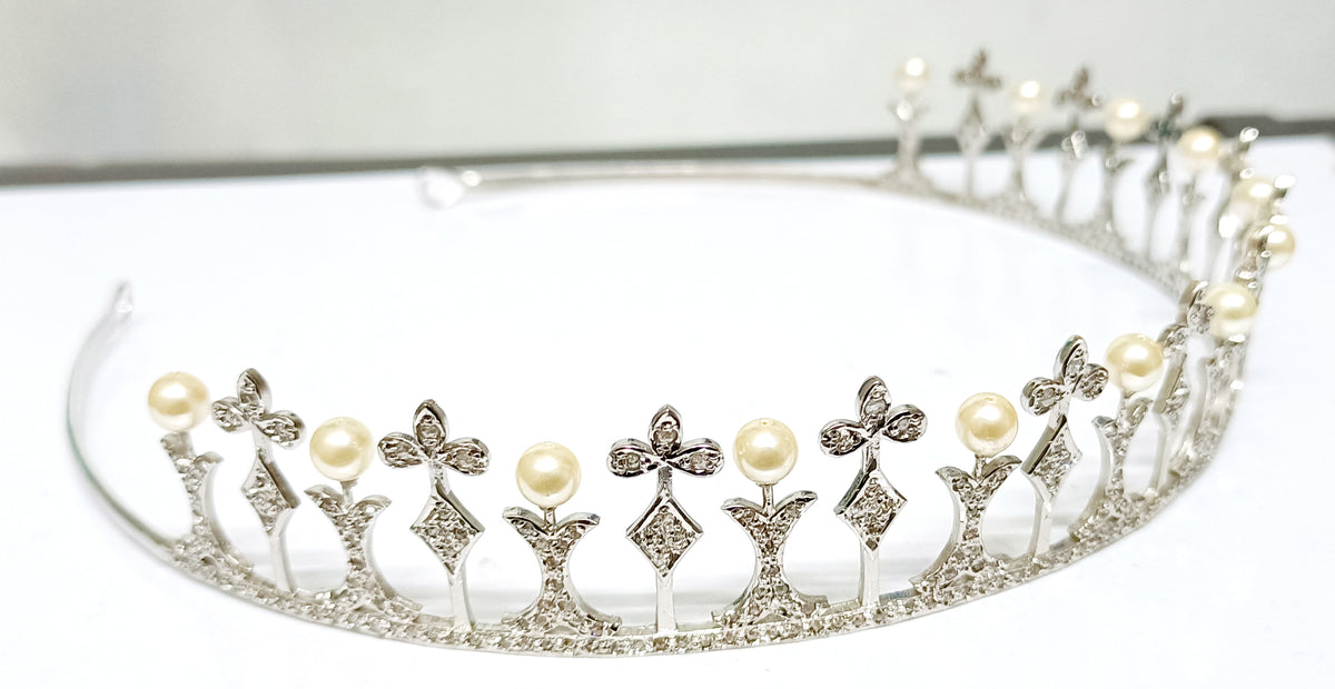 Premium Rose Cut Diamond Pearl Sterling Silver Tiara Crown | Luxury Bridal Hair Jewelry for Women