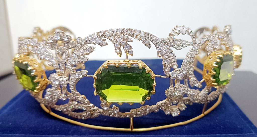 Royal Princess Cubic Zirconia Silver Peridot Tiara for Women | Elegant Bridal Wedding Crown Jewelry