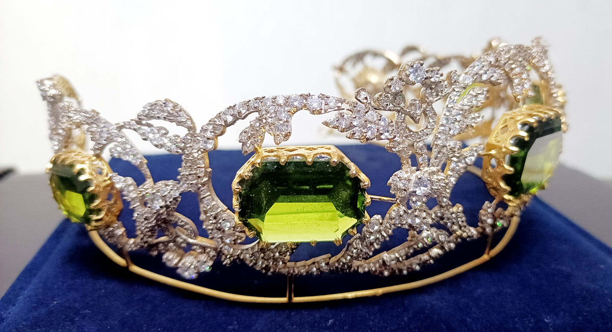 Royal Princess Cubic Zirconia Silver Peridot Tiara for Women | Elegant Bridal Wedding Crown Jewelry
