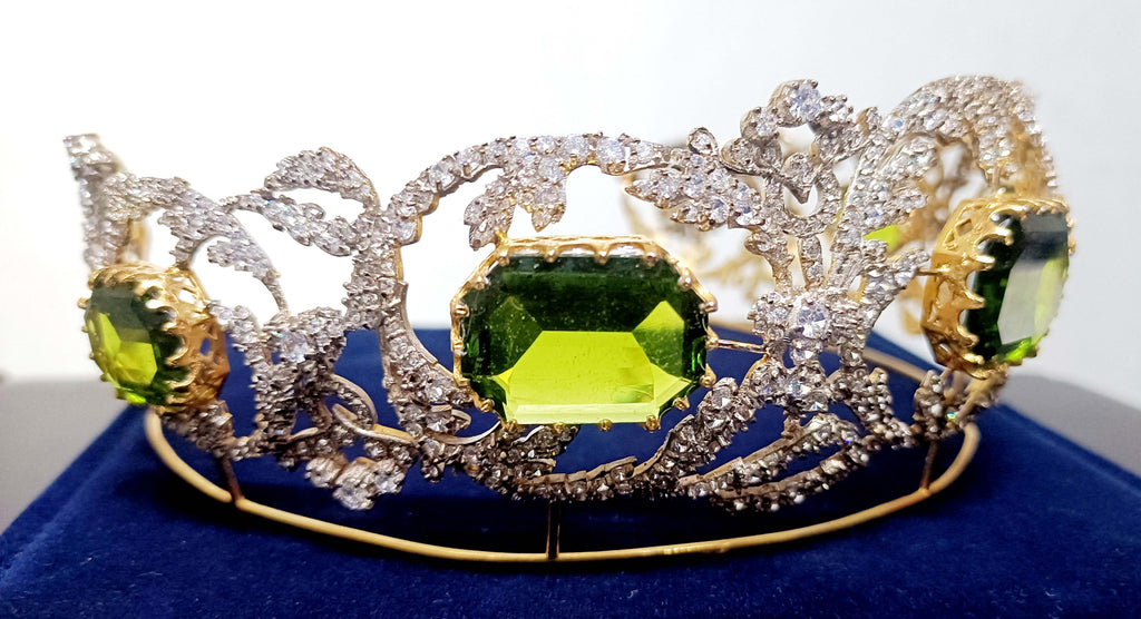 Royal Princess Cubic Zirconia Silver Peridot Tiara for Women | Elegant Bridal Wedding Crown Jewelry
