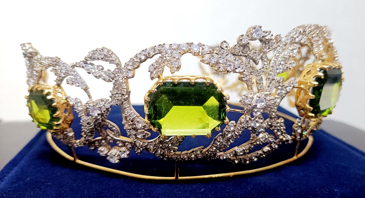 Royal Princess Cubic Zirconia Silver Peridot Tiara for Women | Elegant Bridal Wedding Crown Jewelry