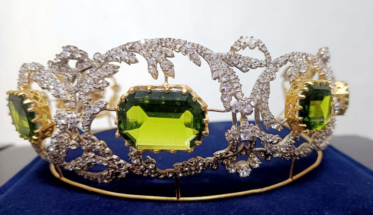 Royal Princess Cubic Zirconia Silver Peridot Tiara for Women | Elegant Bridal Wedding Crown Jewelry