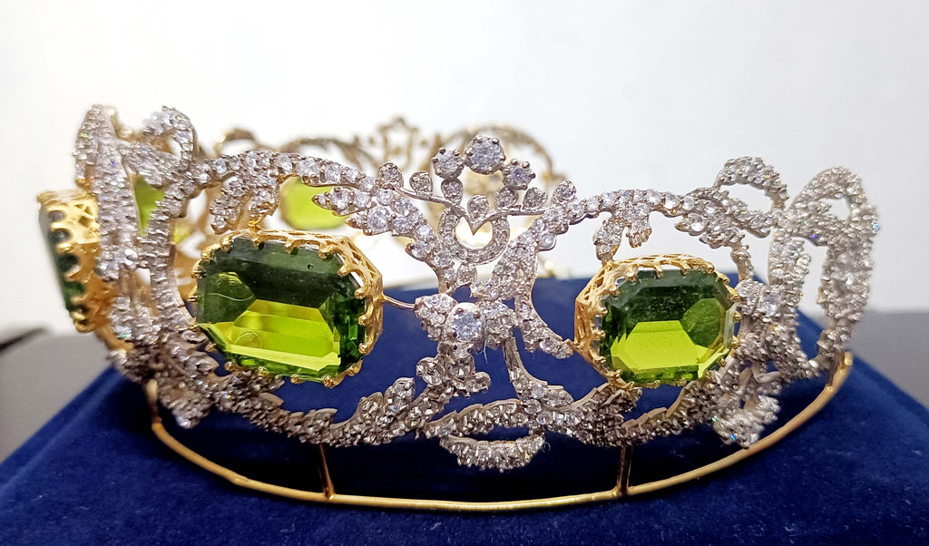 Royal Princess Cubic Zirconia Silver Peridot Tiara for Women | Elegant Bridal Wedding Crown Jewelry
