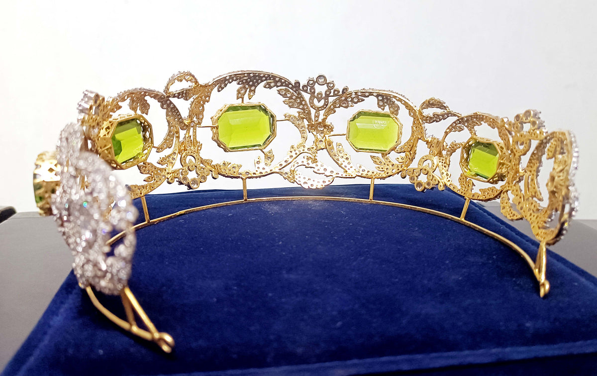 Royal Princess Cubic Zirconia Silver Peridot Tiara for Women | Elegant Bridal Wedding Crown Jewelry