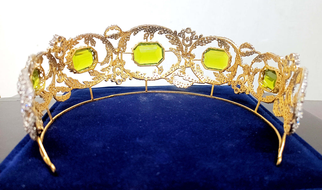 Royal Princess Cubic Zirconia Silver Peridot Tiara for Women | Elegant Bridal Wedding Crown Jewelry