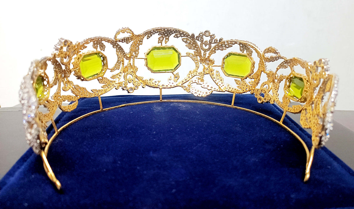 Royal Princess Cubic Zirconia Silver Peridot Tiara for Women | Elegant Bridal Wedding Crown Jewelry
