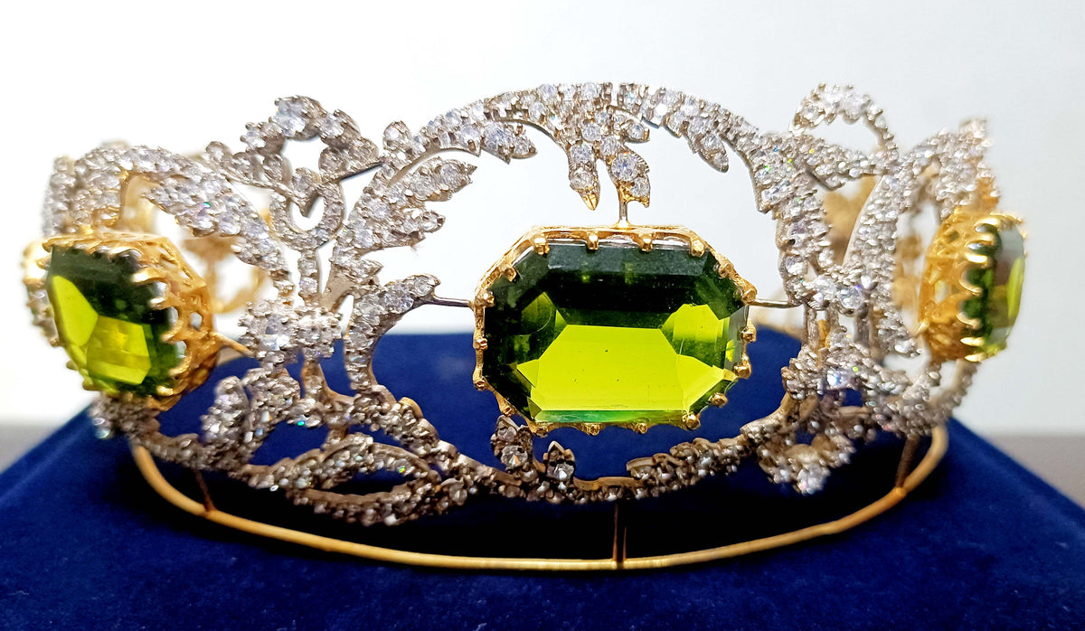 Royal Princess Cubic Zirconia Silver Peridot Tiara for Women | Elegant Bridal Wedding Crown Jewelry