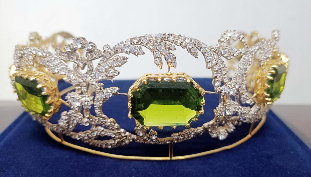 Royal Princess Cubic Zirconia Silver Peridot Tiara for Women | Elegant Bridal Wedding Crown Jewelry