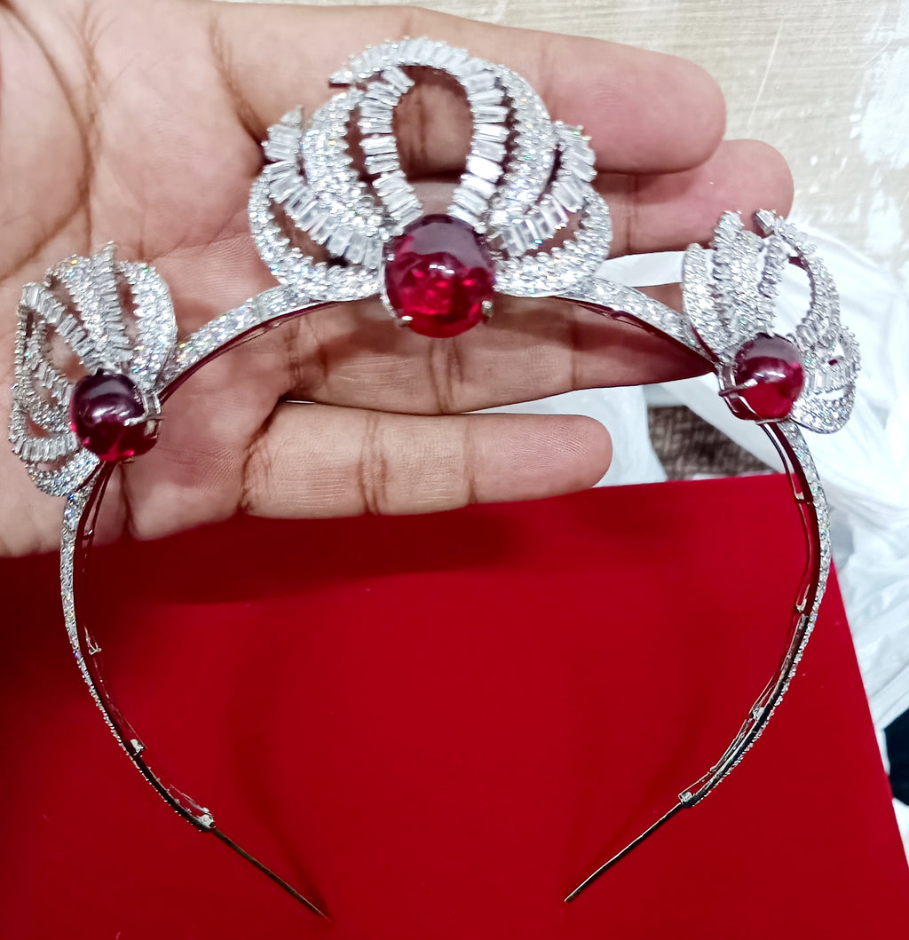 925 Sterling Silver Ruby CZ Tiara Crown | Luxury Wedding Hair Accessory for Brides and Special Occasions