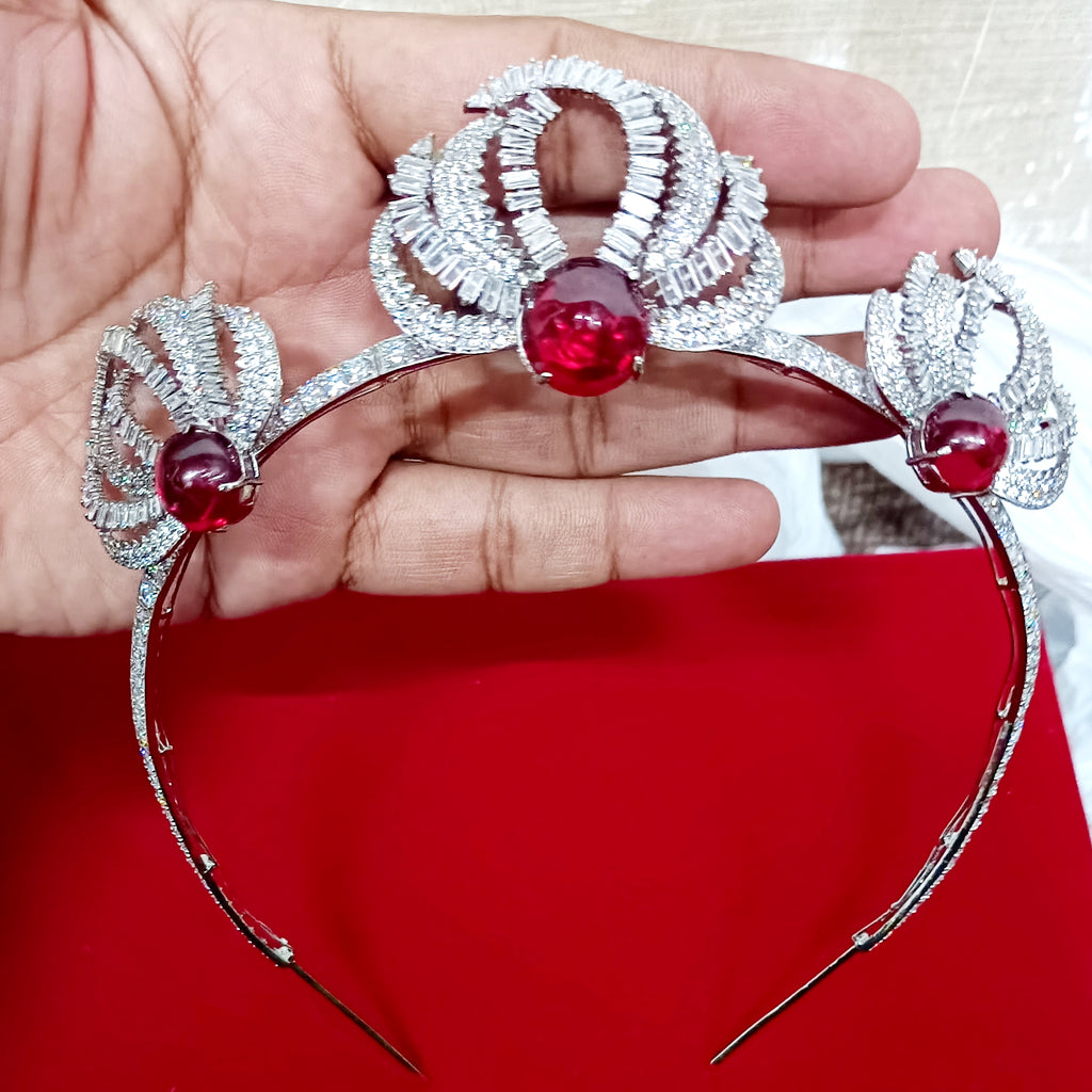 925 Sterling Silver Ruby CZ Tiara Crown | Luxury Wedding Hair Accessory for Brides and Special Occasions