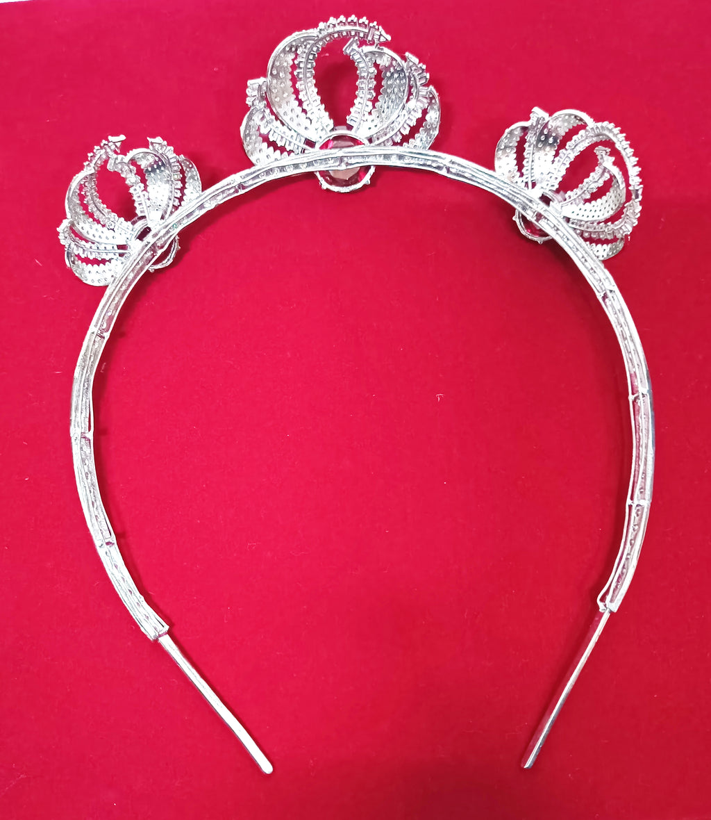 925 Sterling Silver Ruby CZ Tiara Crown | Luxury Wedding Hair Accessory for Brides and Special Occasions