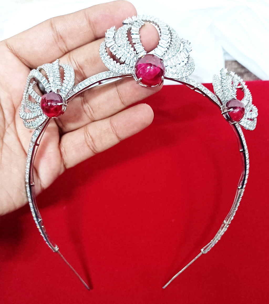 925 Sterling Silver Ruby CZ Tiara Crown | Luxury Wedding Hair Accessory for Brides and Special Occasions