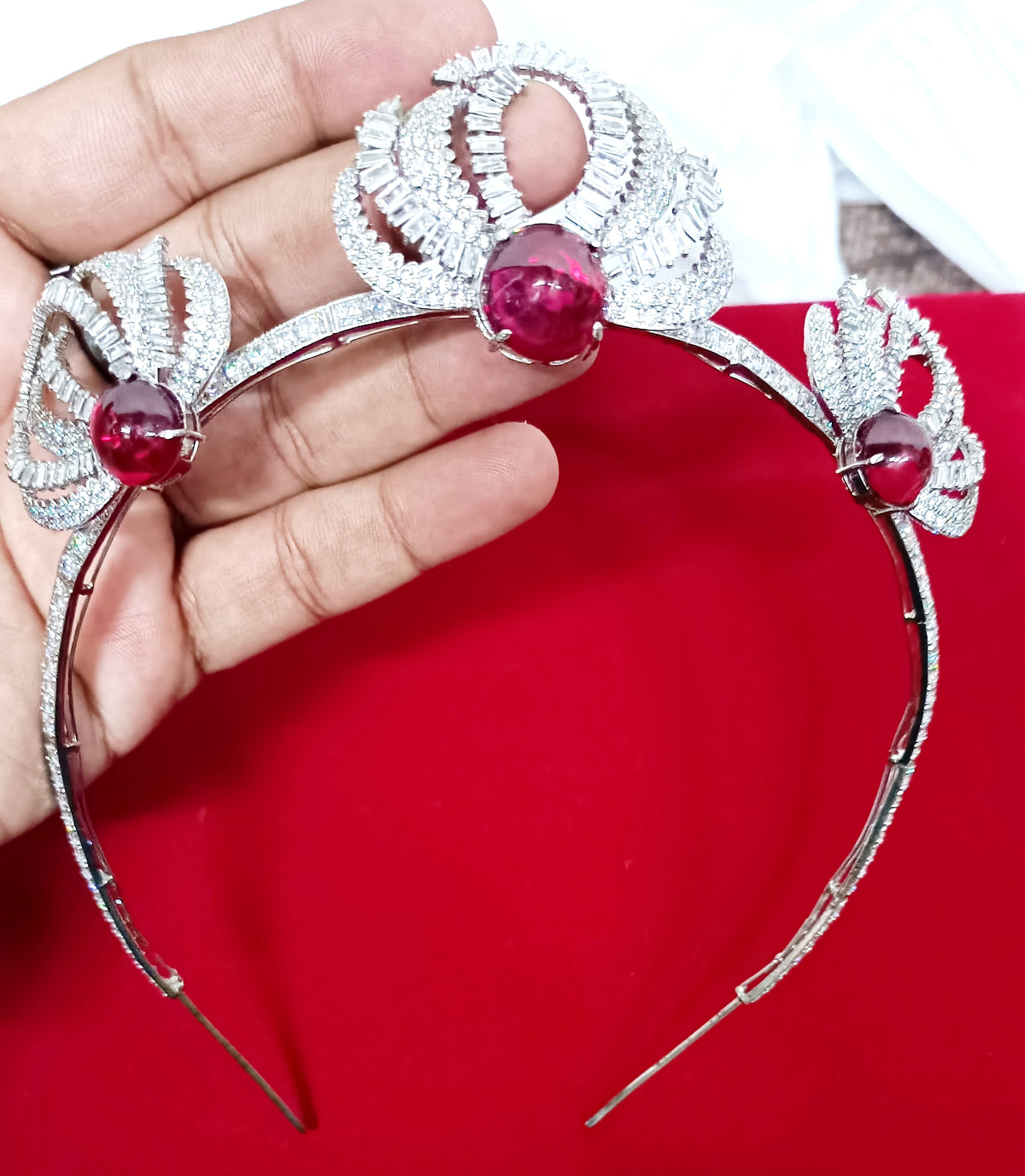 925 Sterling Silver Ruby CZ Tiara Crown | Luxury Wedding Hair Accessory for Brides and Special Occasions