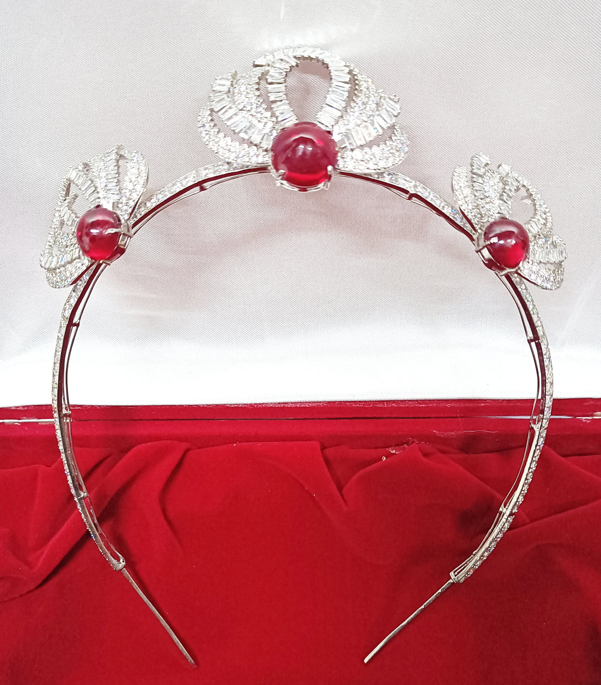 925 Sterling Silver Ruby CZ Tiara Crown | Luxury Wedding Hair Accessory for Brides and Special Occasions