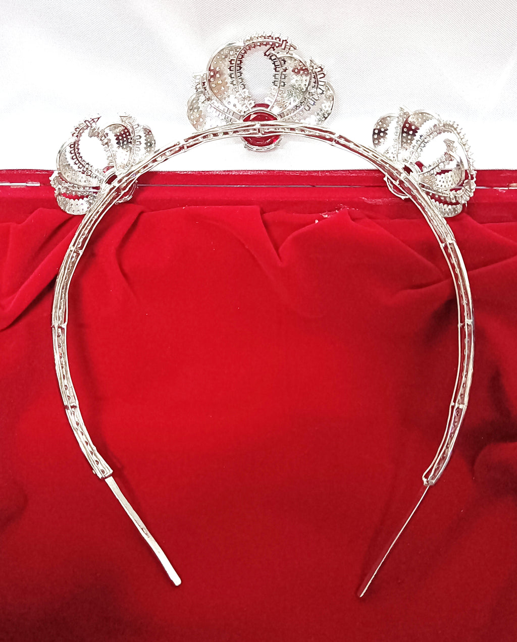 925 Sterling Silver Ruby CZ Tiara Crown | Luxury Wedding Hair Accessory for Brides and Special Occasions
