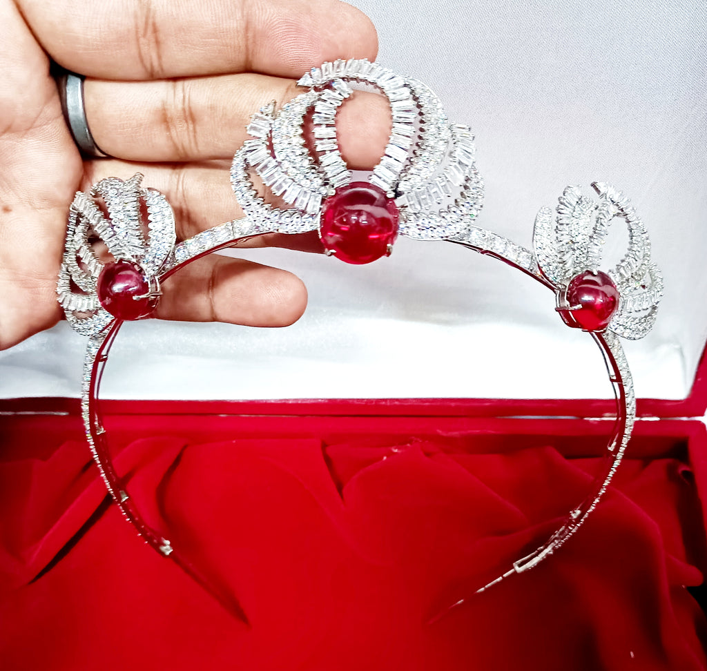 925 Sterling Silver Ruby CZ Tiara Crown | Luxury Wedding Hair Accessory for Brides and Special Occasions