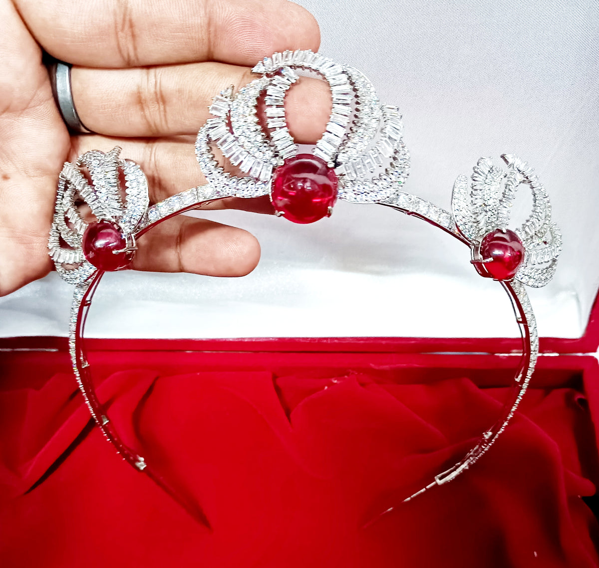 925 Sterling Silver Ruby CZ Tiara Crown | Luxury Wedding Hair Accessory for Brides and Special Occasions
