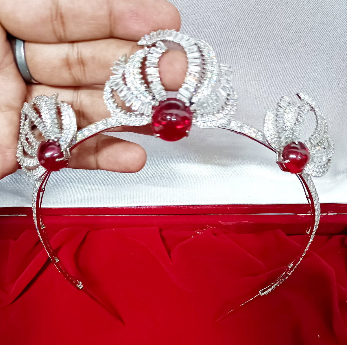 925 Sterling Silver Ruby CZ Tiara Crown | Luxury Wedding Hair Accessory for Brides and Special Occasions