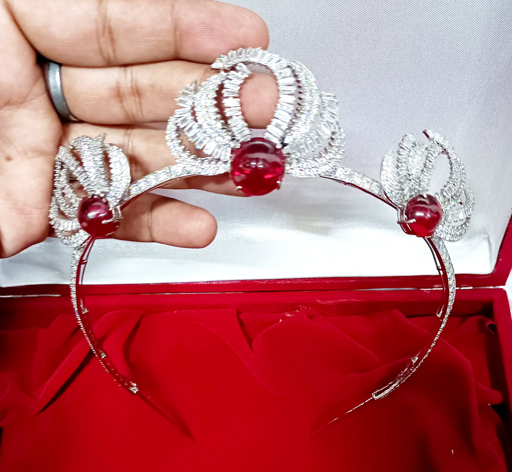 925 Sterling Silver Ruby CZ Tiara Crown | Luxury Wedding Hair Accessory for Brides and Special Occasions