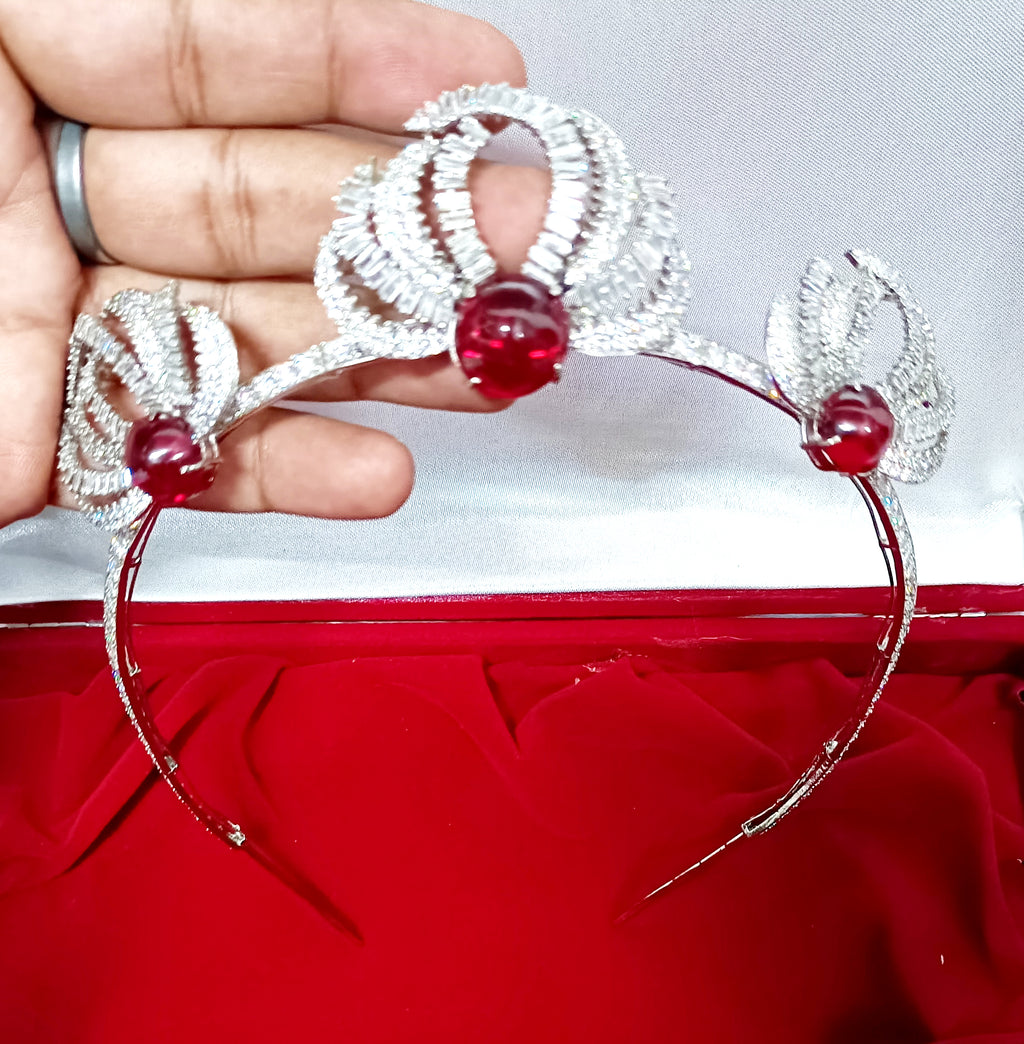 925 Sterling Silver Ruby CZ Tiara Crown | Luxury Wedding Hair Accessory for Brides and Special Occasions
