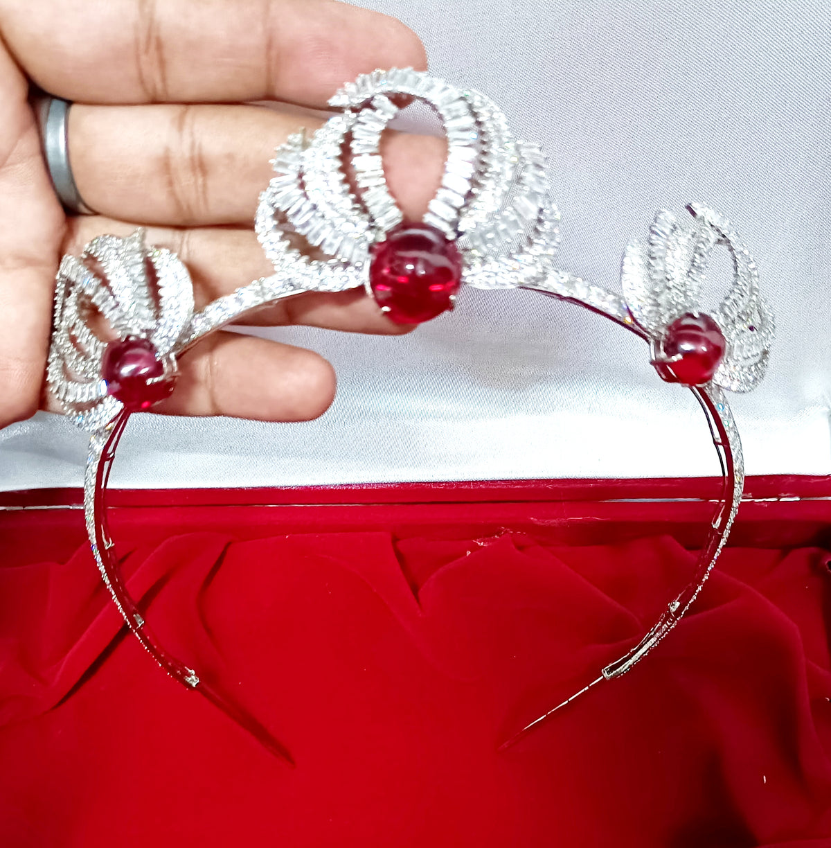 925 Sterling Silver Ruby CZ Tiara Crown | Luxury Wedding Hair Accessory for Brides and Special Occasions