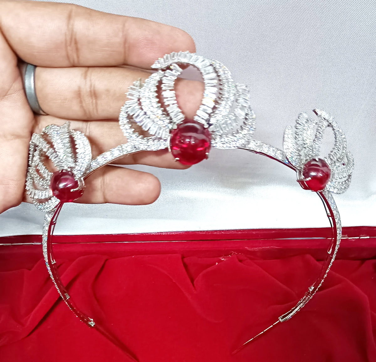 925 Sterling Silver Ruby CZ Tiara Crown | Luxury Wedding Hair Accessory for Brides and Special Occasions