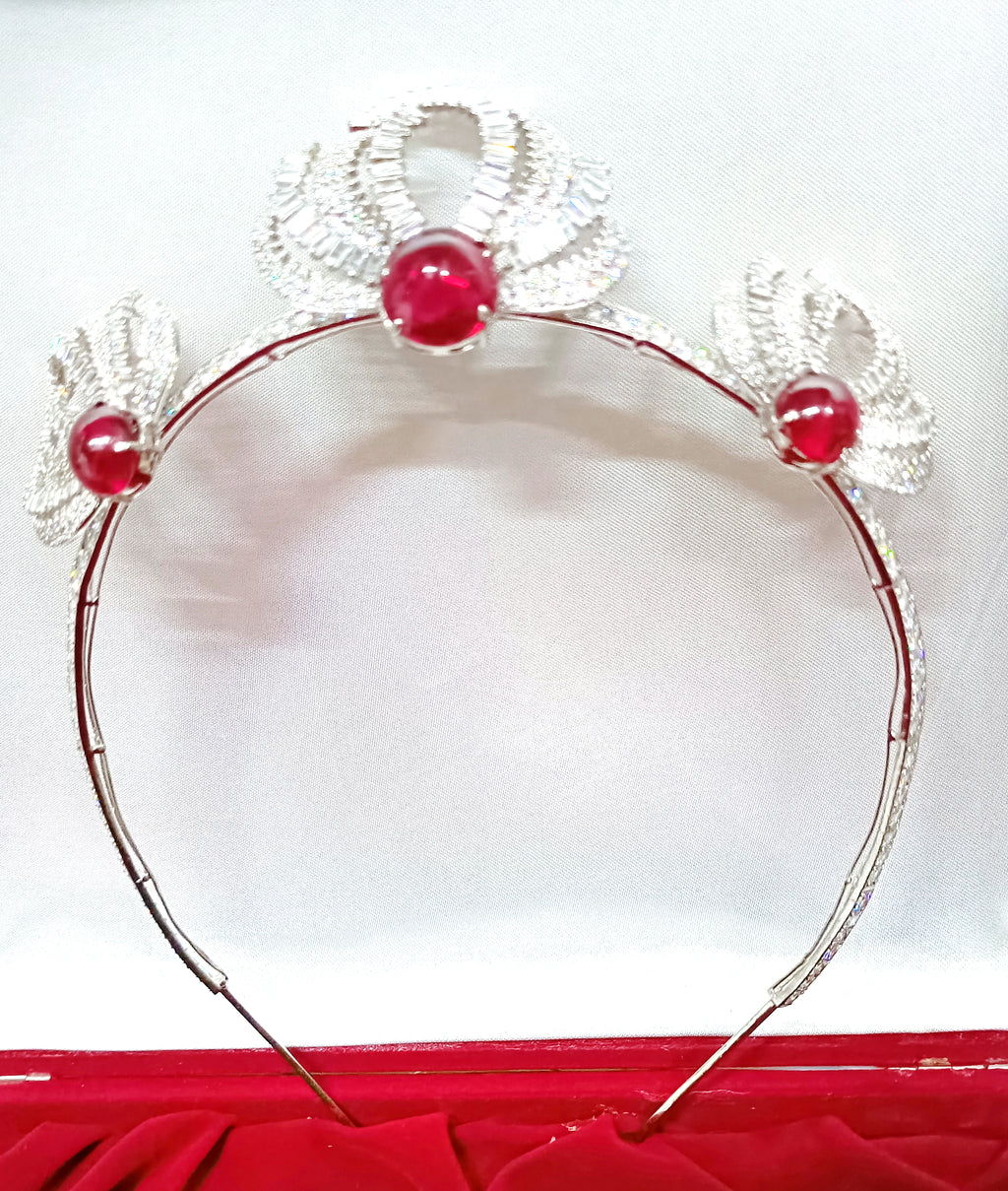 925 Sterling Silver Ruby CZ Tiara Crown | Luxury Wedding Hair Accessory for Brides and Special Occasions