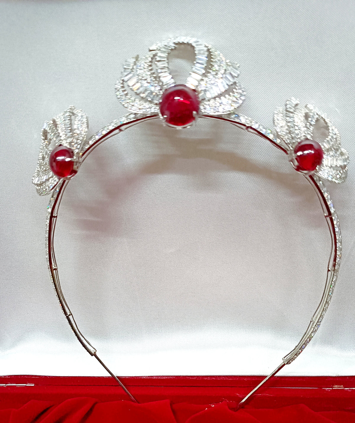 925 Sterling Silver Ruby CZ Tiara Crown | Luxury Wedding Hair Accessory for Brides and Special Occasions