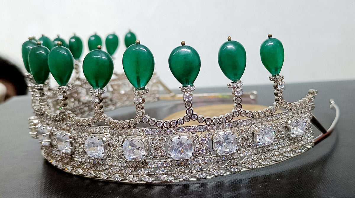 Luxury Sterling Silver 925 Emerald Tiara with Cubic Zirconia | Royal Wedding Crown for Women and Brides