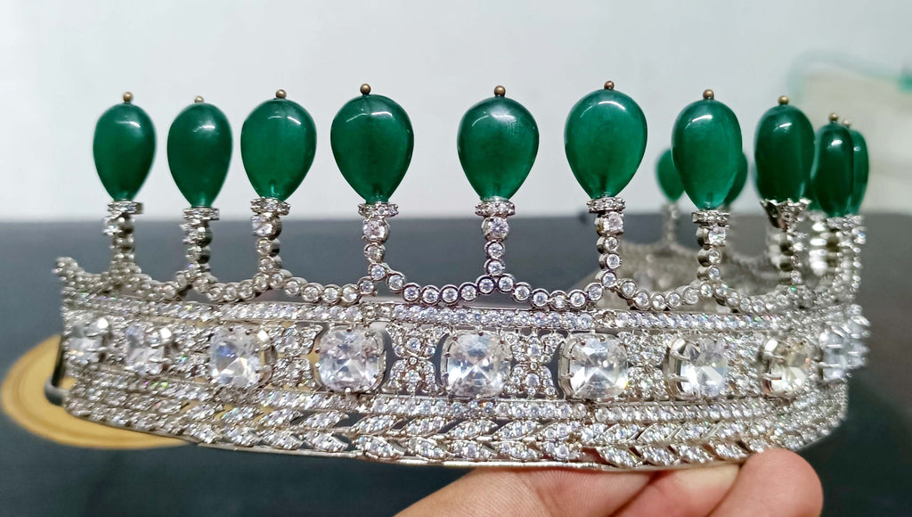 Luxury Sterling Silver 925 Emerald Tiara with Cubic Zirconia | Royal Wedding Crown for Women and Brides