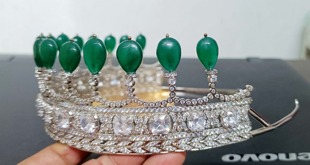 Luxury Sterling Silver 925 Emerald Tiara with Cubic Zirconia | Royal Wedding Crown for Women and Brides