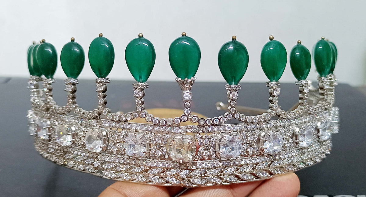 Luxury Sterling Silver 925 Emerald Tiara with Cubic Zirconia | Royal Wedding Crown for Women and Brides