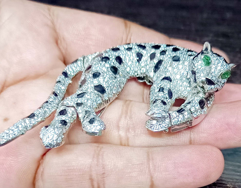 Panther Brooch in 925 Sterling Silver Cubic Zircon Blue Sapphire Decorative Brooch Pin
