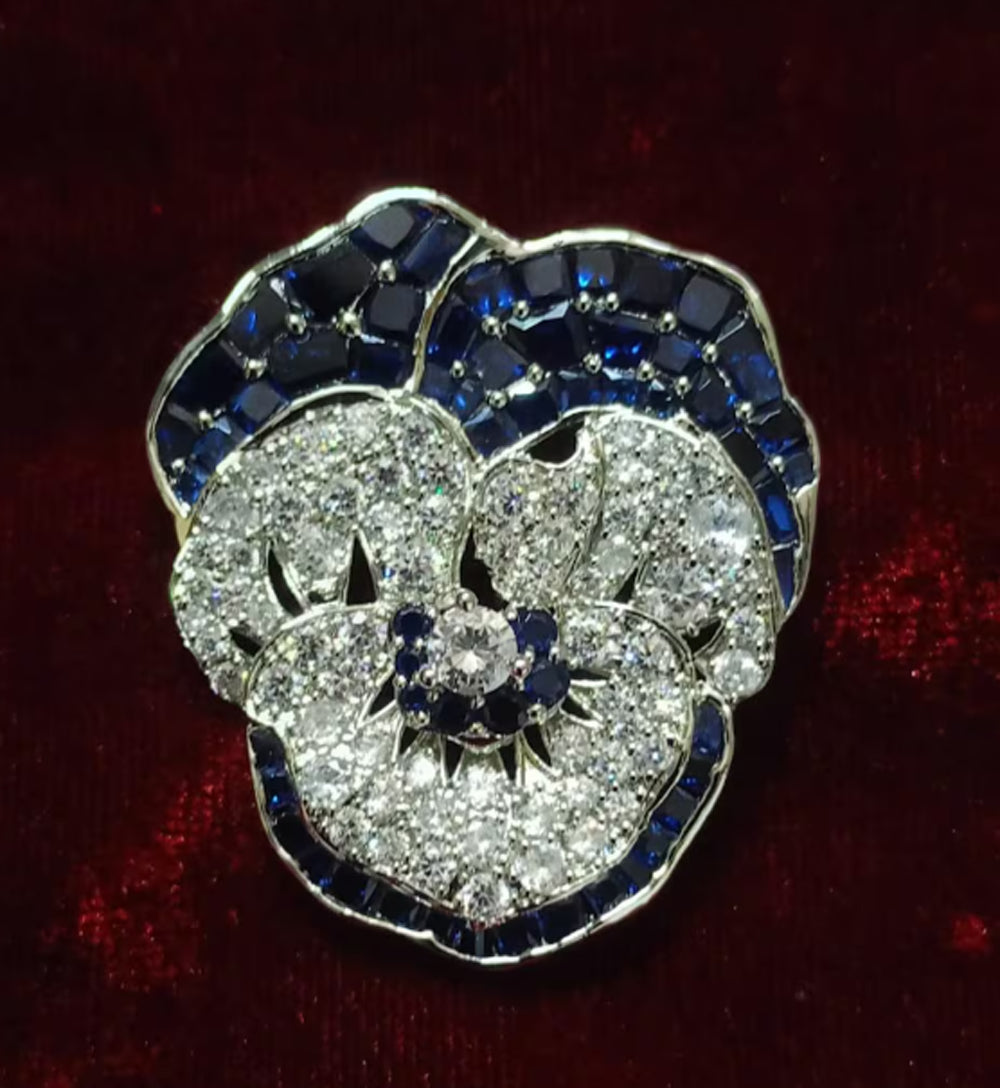 Sterling Silver Blue Sapphire Pansy Flower Brooch Cubic Zircon Pin