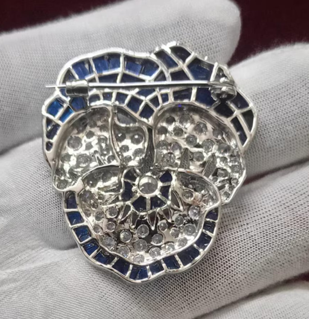 Sterling Silver Blue Sapphire Pansy Flower Brooch Cubic Zircon Pin