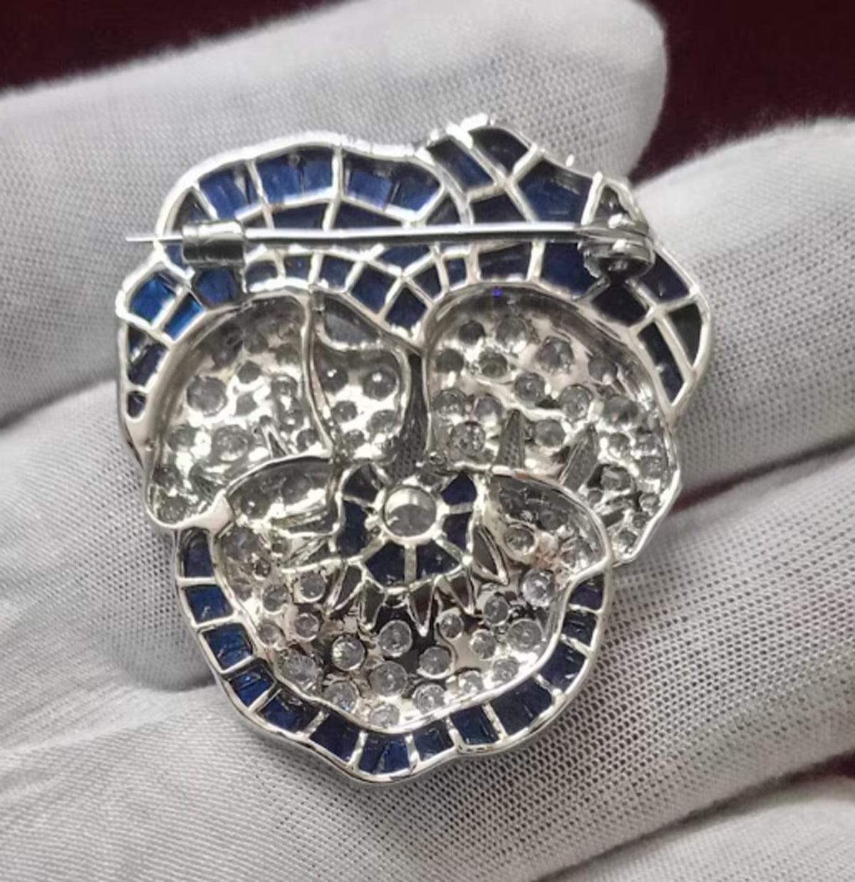 Sterling Silver Blue Sapphire Pansy Flower Brooch Cubic Zircon Pin