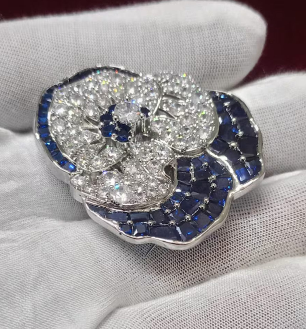 Sterling Silver Blue Sapphire Pansy Flower Brooch Cubic Zircon Pin