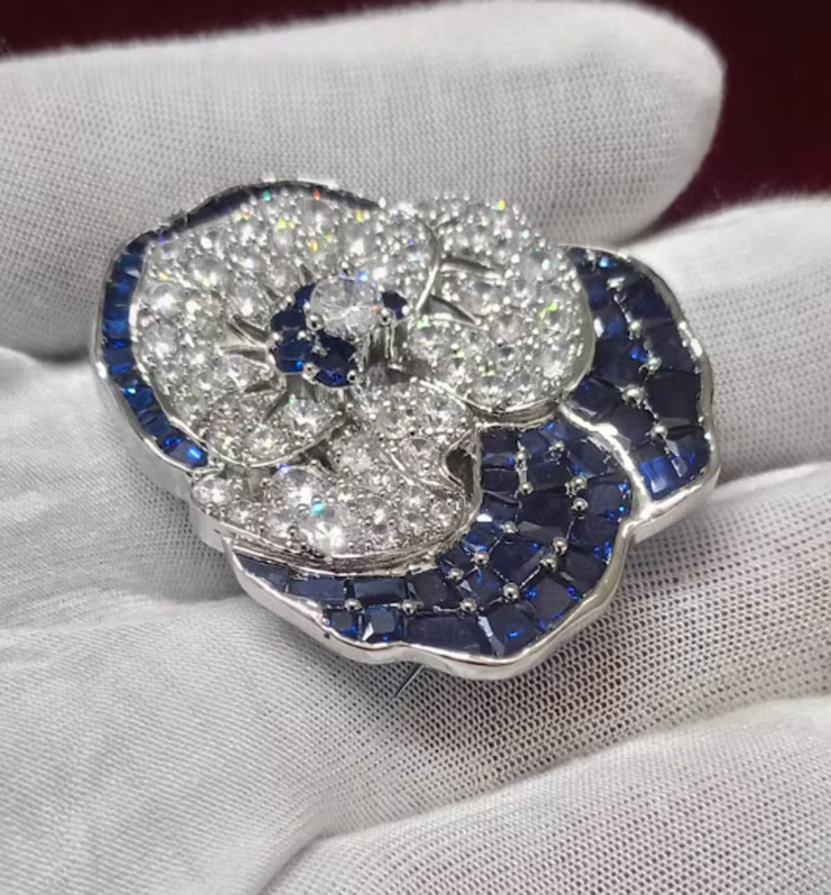 Sterling Silver Blue Sapphire Pansy Flower Brooch Cubic Zircon Pin
