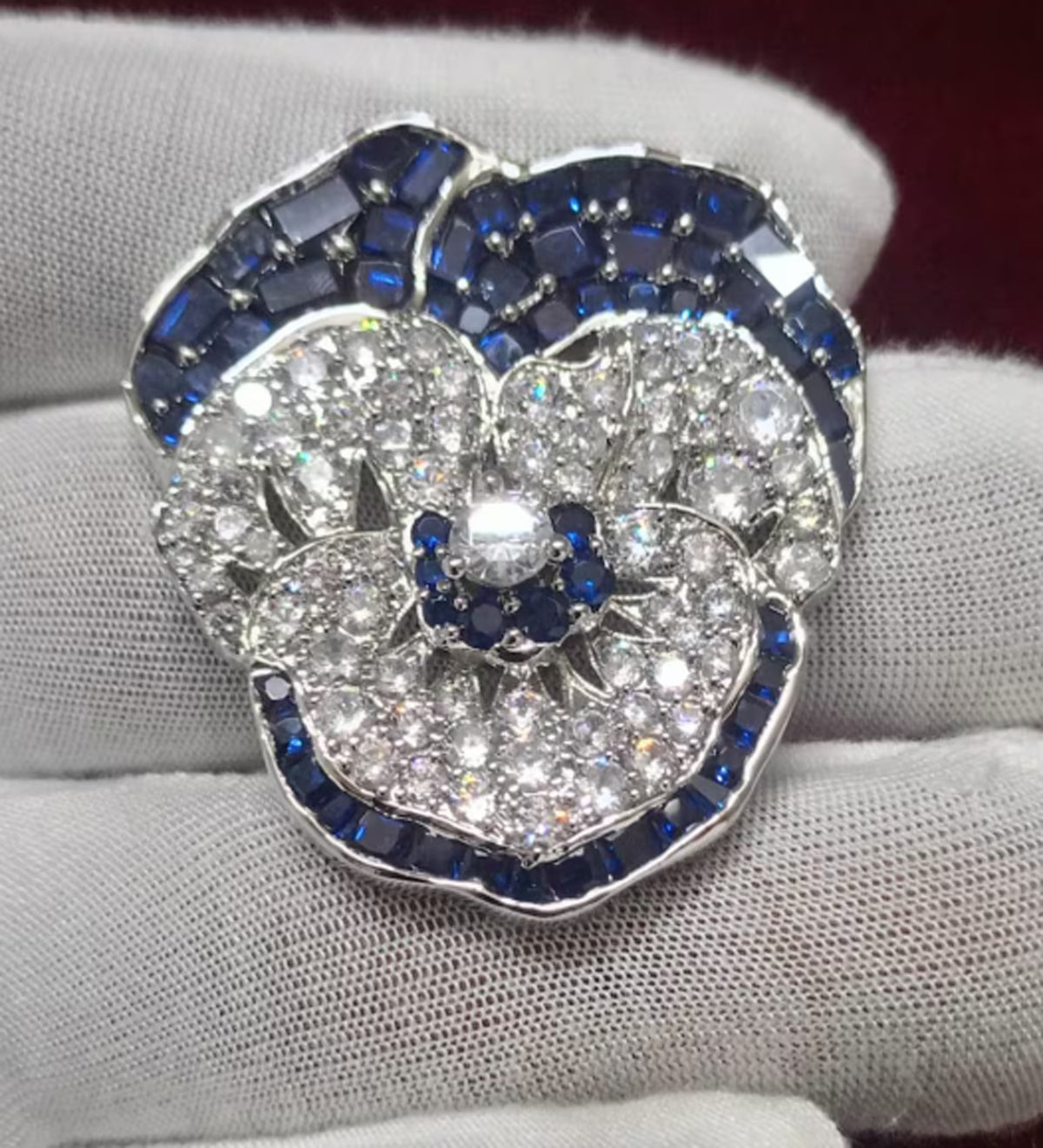 Sterling Silver Blue Sapphire Pansy Flower Brooch Cubic Zircon Pin