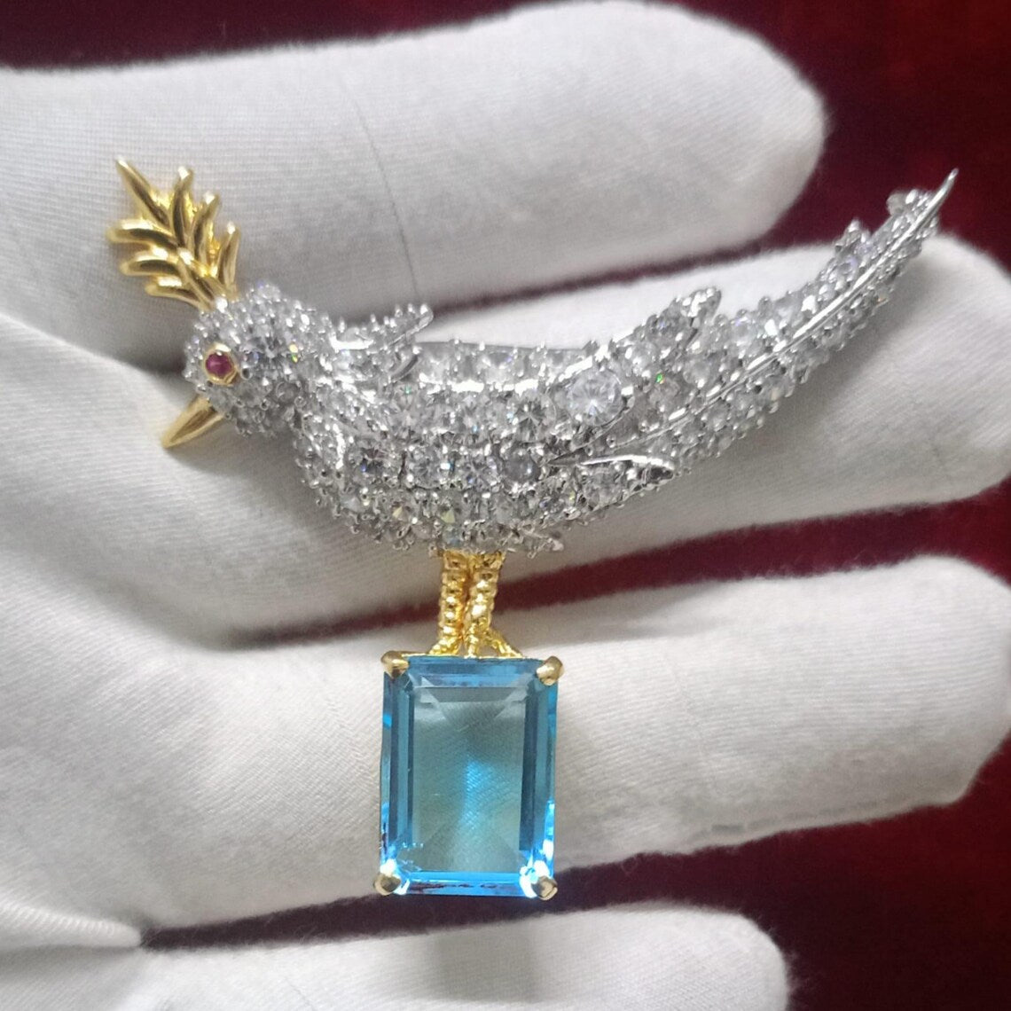 Zircon 925 Sterling silver Aquamarine Bird Brooch – Elegant Bird Shaped Statement Jewelry Pin