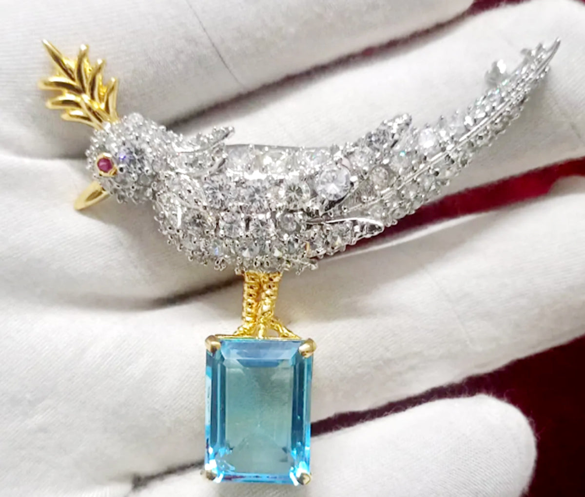 Zircon 925 Sterling silver Aquamarine Bird Brooch – Elegant Bird Shaped Statement Jewelry Pin