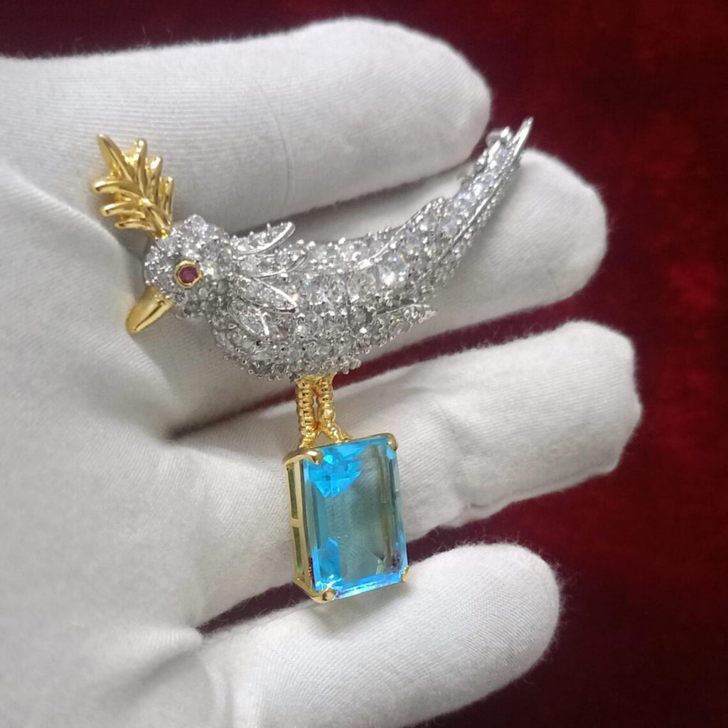 Zircon 925 Sterling silver Aquamarine Bird Brooch – Elegant Bird Shaped Statement Jewelry Pin
